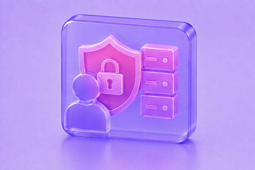 Glassmorphism AI Security Engineer icon featuring a user profile, security shield with padlock, and protected server stack in purple and magenta.