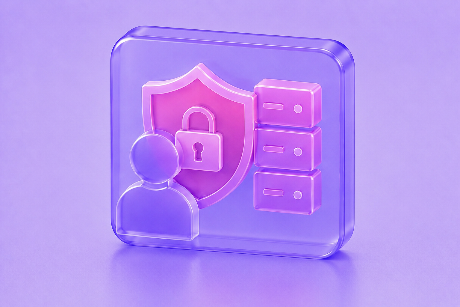 Glassmorphism AI Security Engineer icon featuring a user profile, security shield with padlock, and protected server stack in purple and magenta.