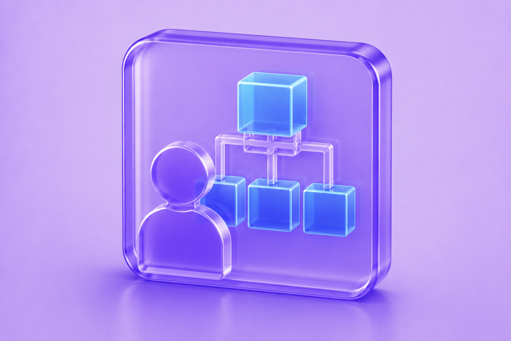 Glassmorphism system architect icon featuring a network architecture diagram and user silhouette in translucent purple with cyan structural accents.