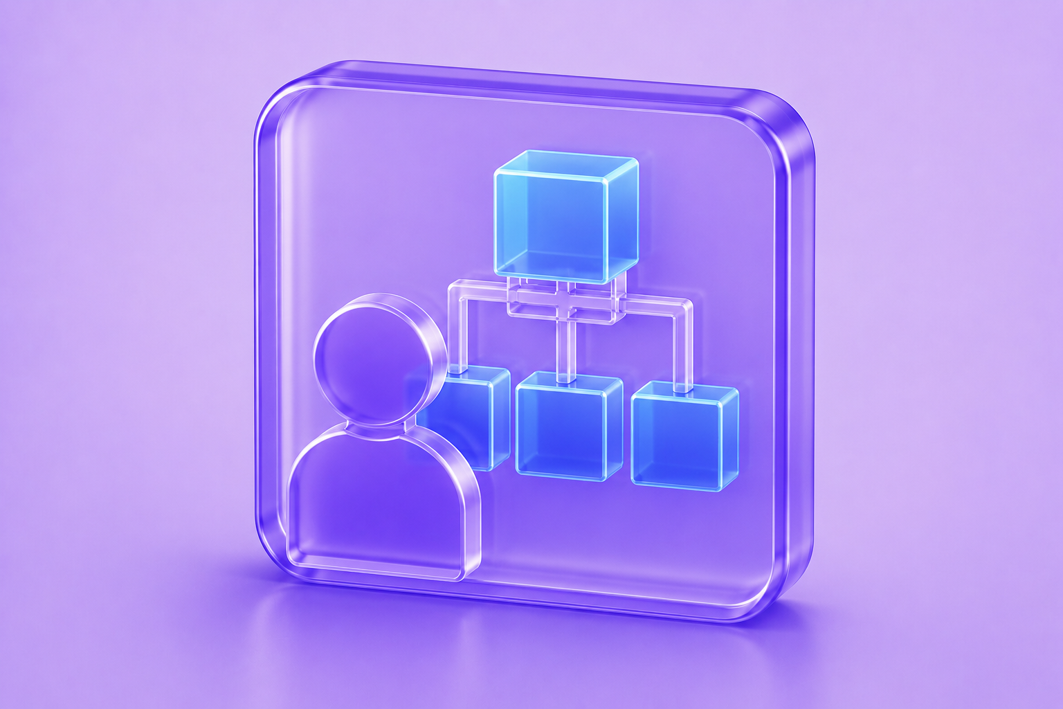 Glassmorphism system architect icon featuring a network architecture diagram and user silhouette in translucent purple with cyan structural accents.