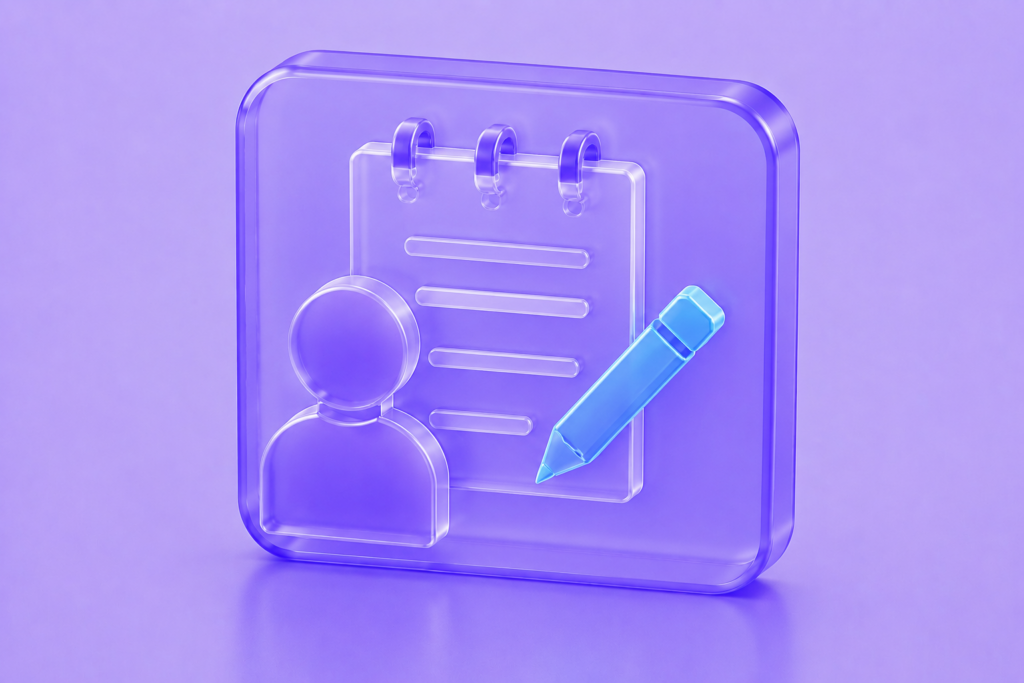 Glassmorphism AI Technical Writer icon featuring a user profile, spiral notebook, and blue pencil on a translucent purple interface.
