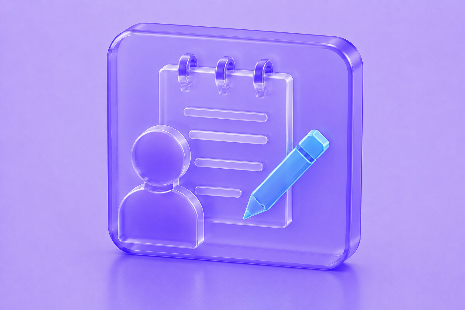 Glassmorphism AI Technical Writer icon featuring a user profile, spiral notebook, and blue pencil on a translucent purple interface.
