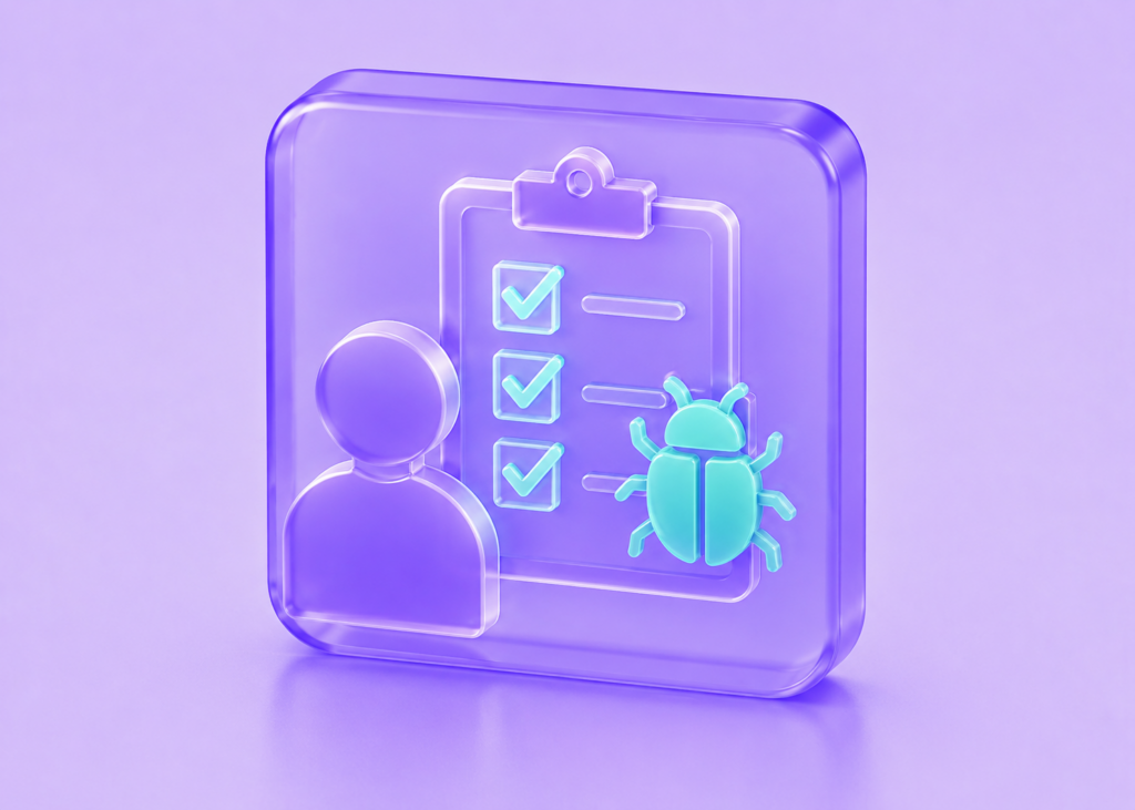 Glassmorphism test engineer icon featuring a software dashboard with analytics, validation checklist, and automation gear in translucent purple with cyan and magenta accents.