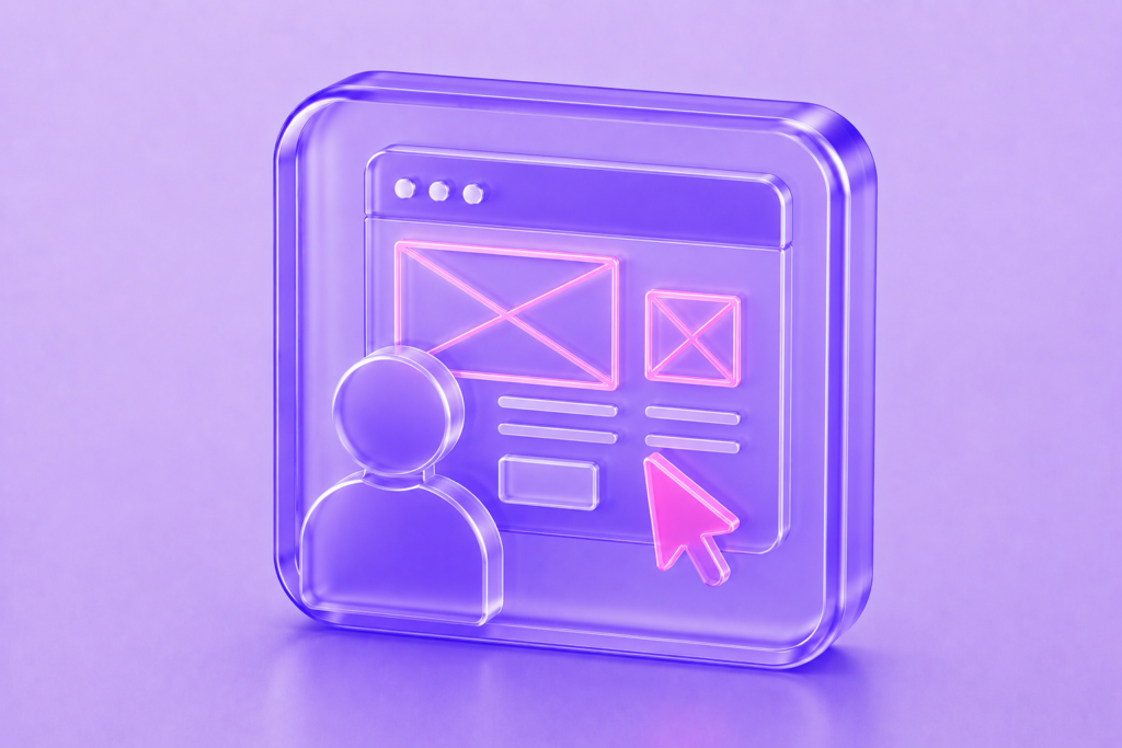Glassmorphism UI/UX designer icon featuring a browser wireframe, user profile, and design cursor in translucent purple with vibrant pink interface accents.