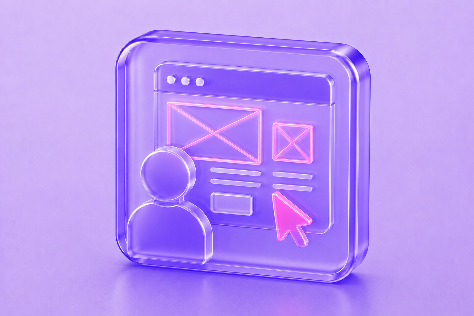 Glassmorphism UI/UX designer icon featuring a browser wireframe, user profile, and design cursor in translucent purple with vibrant pink interface accents.