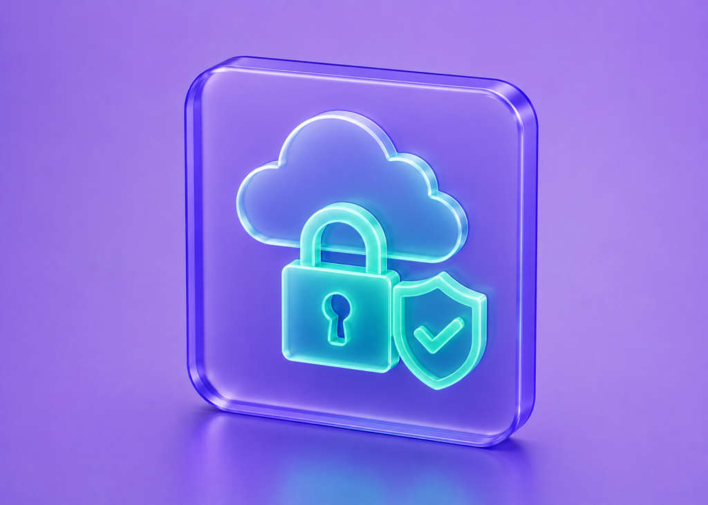 3D glass icon illustrating secure enterprise AI deployment with cloud infrastructure, security lock, and verification shield.