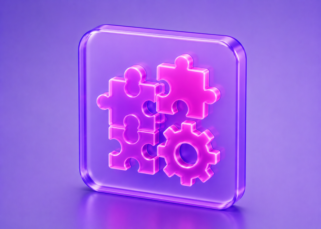 3D glass icon illustrating enterprise portfolio integration with connected puzzle pieces and configuration gear in a purple technology style.