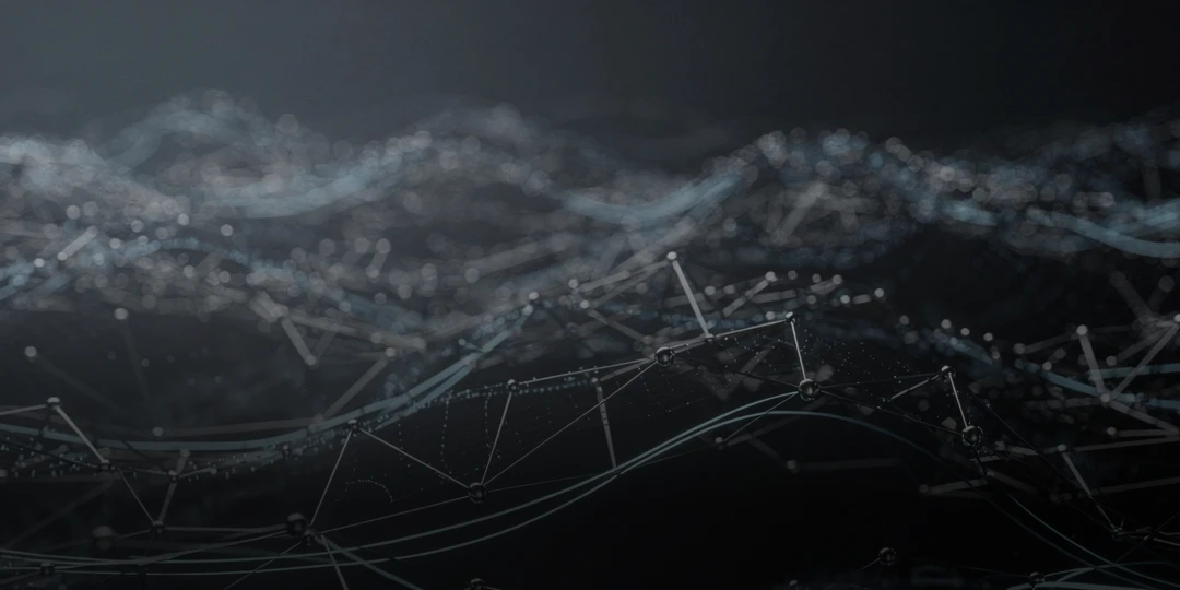 Dark abstract digital network background with glowing connected nodes and flowing lines.