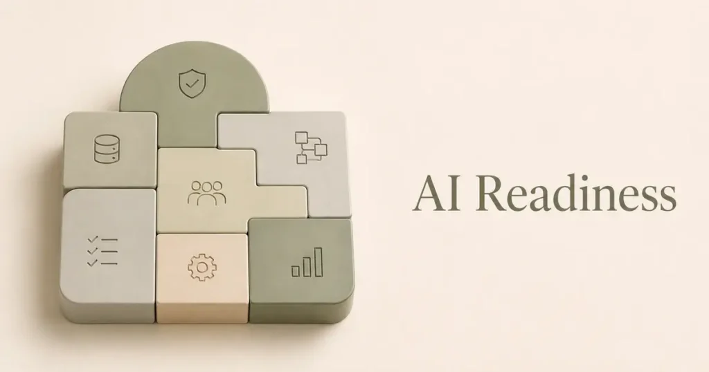 Pastel modular blocks engraved with symbols for data, systems, people, governance, operations, and performance, illustrating the organizational foundations required for enterprise AI readiness.
