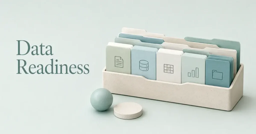 Pastel file organizers with engraved symbols for documents, databases, tables, analytics, and folders, representing enterprise data being structured, accessible, and prepared for reliable use.