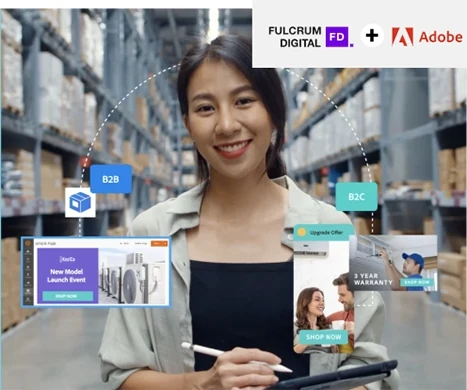 Fulcrum Digital and Adobe partnership graphic showing a B2B and B2C commerce experience in a warehouse.