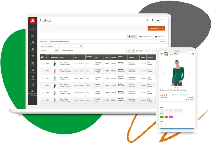 Adobe Commerce product management dashboard displayed on a laptop alongside a mobile ecommerce product page.