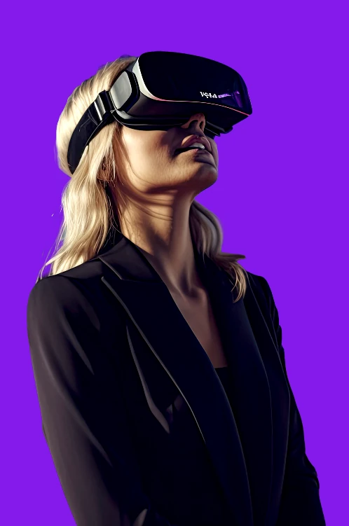 Woman wearing a virtual reality headset, representing immersive technology and digital innovation