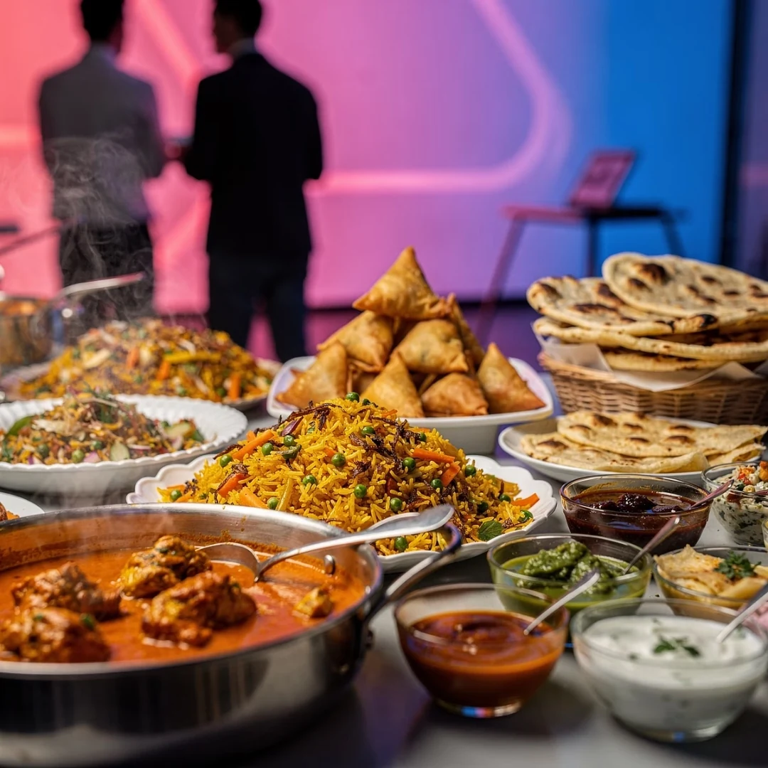 Indian catering buffet with biryani, samosas, naan bread and curry at an event
