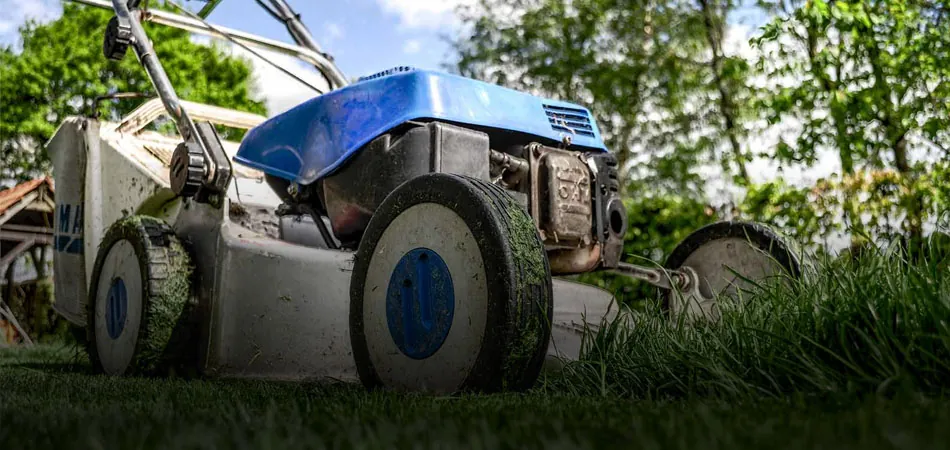 Blue lawn mower cutting grass outdoors