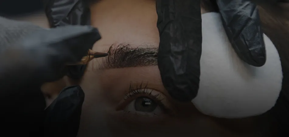 Close-up of a beauty professional shaping a client’s eyebrow with precision tools