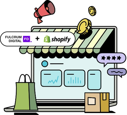 Illustration of Fulcrum Digital and Shopify partnership supporting an online store with ecommerce analytics, marketing, customer reviews, and product delivery
