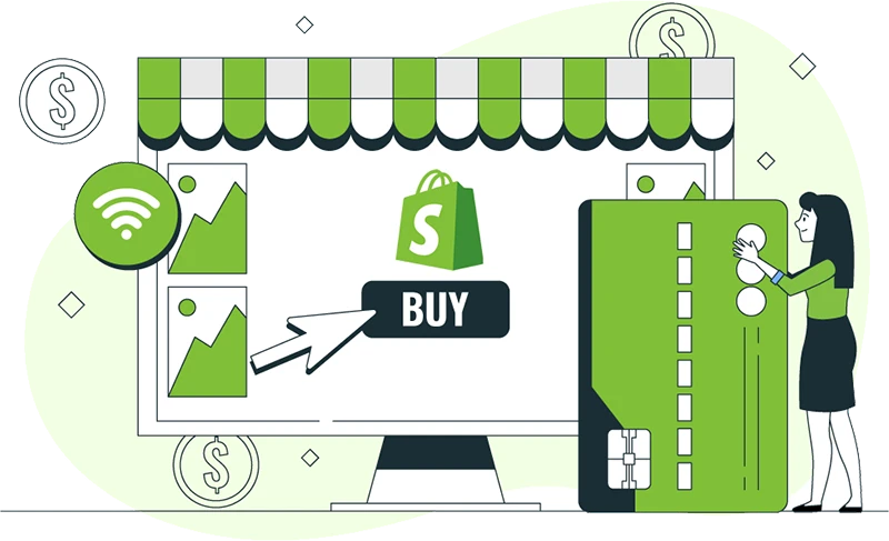 Illustration of a Shopify online store with product listings, a Buy button, shopping cart, customer profile, and ecommerce sales icons