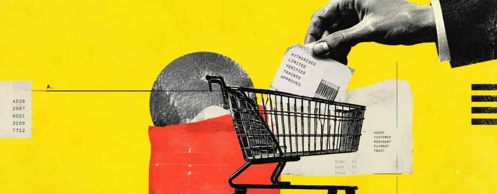 Editorial collage of a hand placing a verified authorization card into a shopping cart, representing agentic commerce fraud controls and transaction trust.
