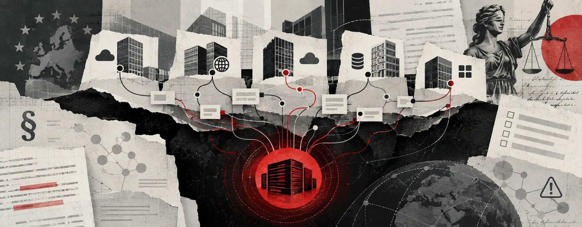 Editorial collage showing interconnected ICT providers converging on a shared red infrastructure core, illustrating hidden DORA concentration risk.