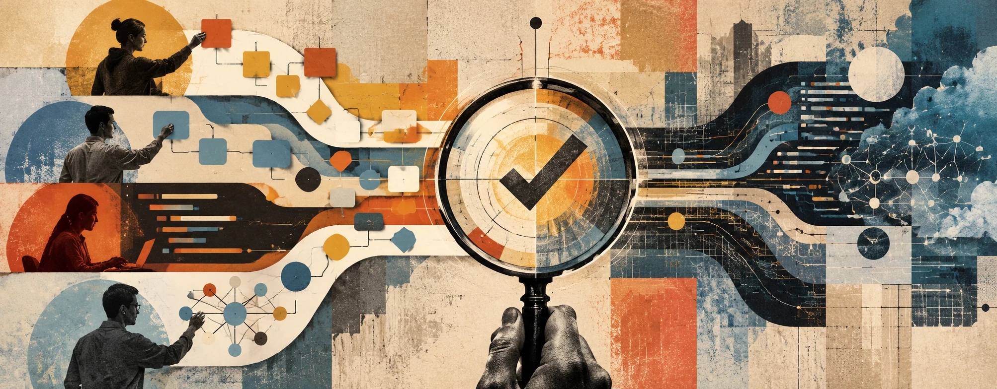 Editorial illustration of low-code, no-code, coded and AI-assisted testing paths converging through a central software quality checkpoint.
